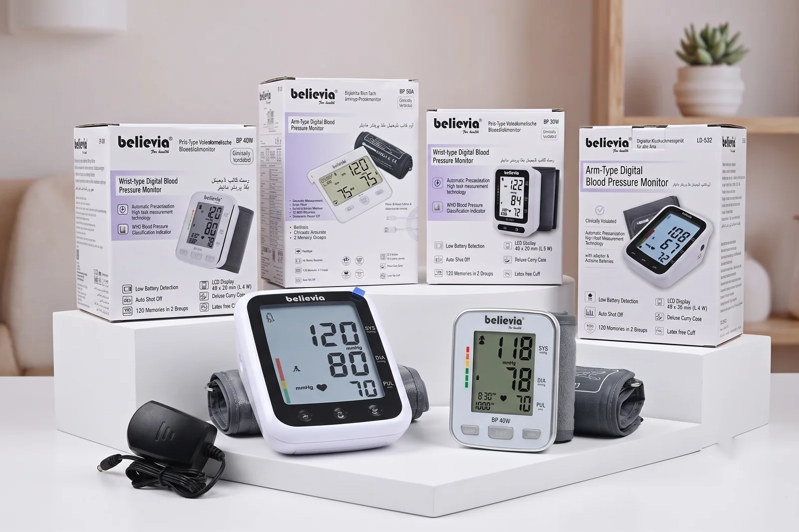believia blood pressure monitor range with retail packaging