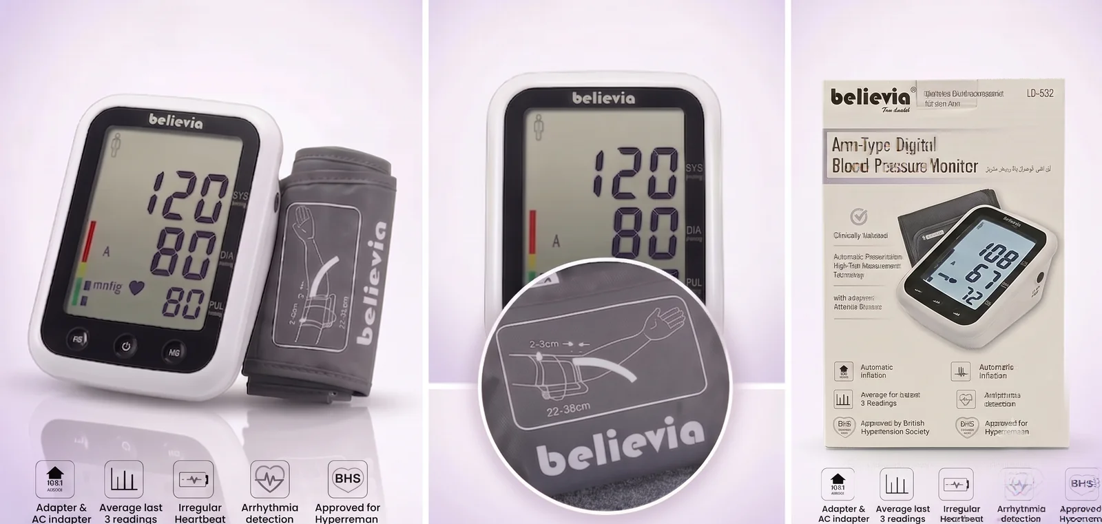 believia LD-532 arm type digital blood pressure monitor (with adapter)